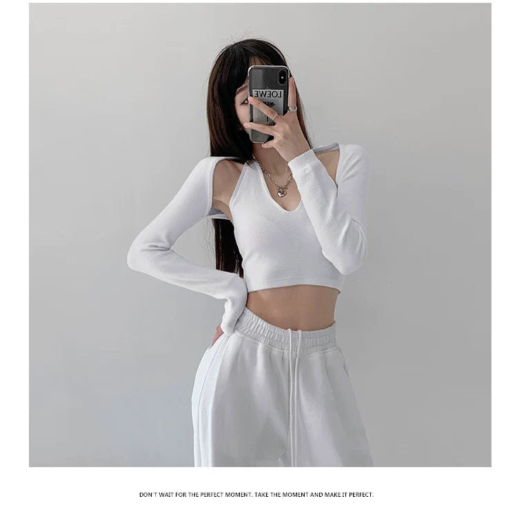 Y2K T-shirt Two Piece Women Long Sleeve Smock+Knitted Halterneck Camis Skinny Cropped Tops Woman