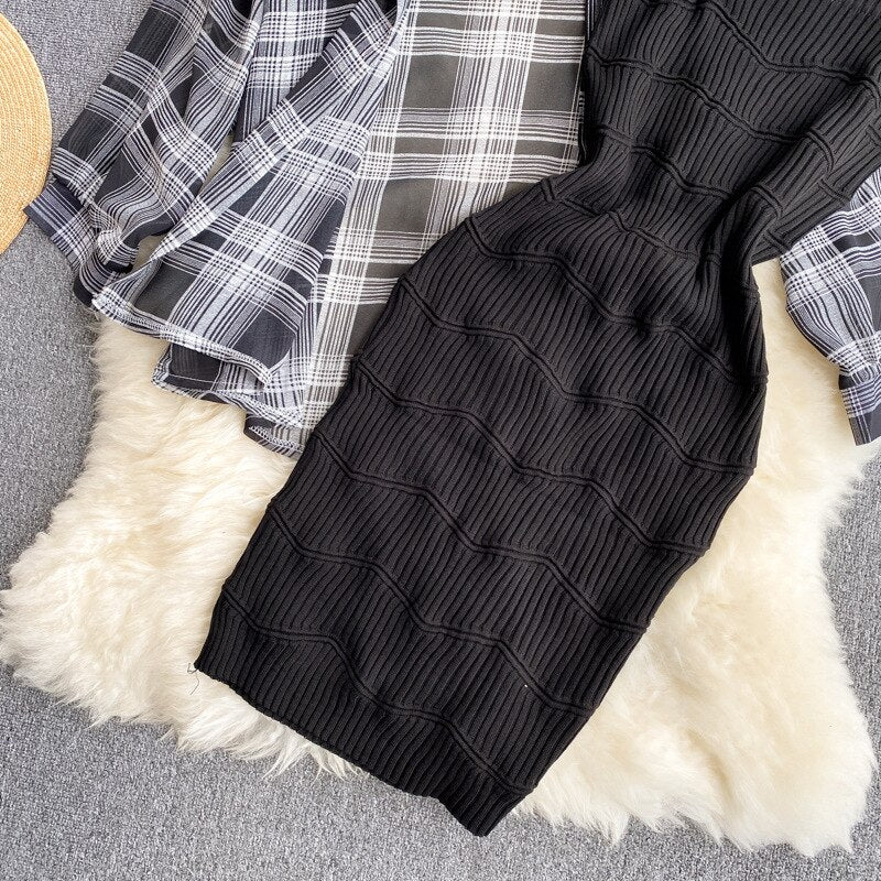 Summer Women Two Piece Set Plaid Long Sleeve Sunscreen Shirt+A-line Knitting Slip Dress