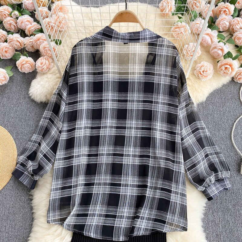 Summer Women Two Piece Set Plaid Long Sleeve Sunscreen Shirt+A-line Knitting Slip Dress