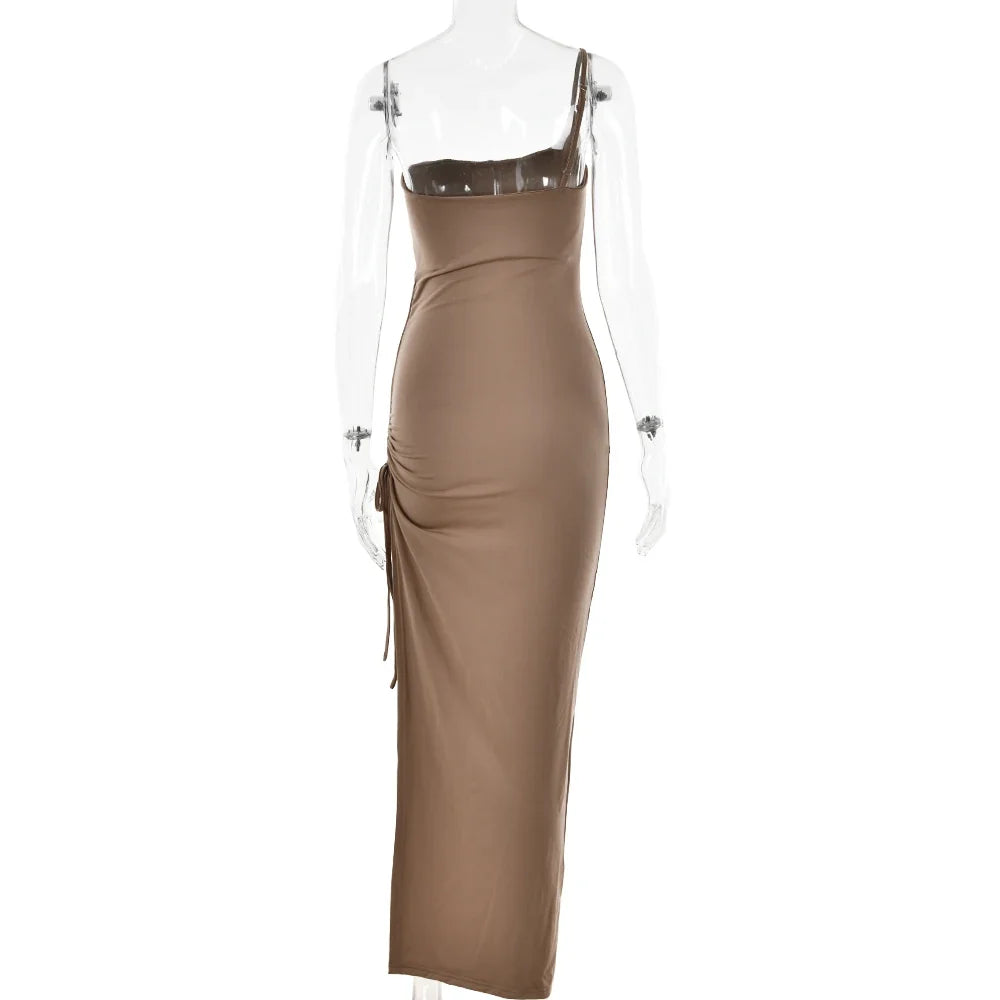 Drawstring High Slit Shoulder Slim Elastic Maxi Bodycon Dress