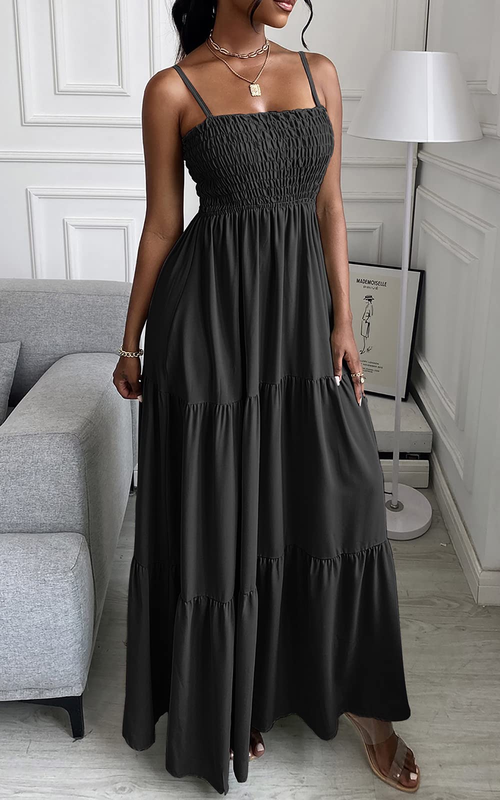 Spaghetti Strap Maxi Dress Women Summer Sleeveless Smocked Boho Long Beach Dress Sundresses
