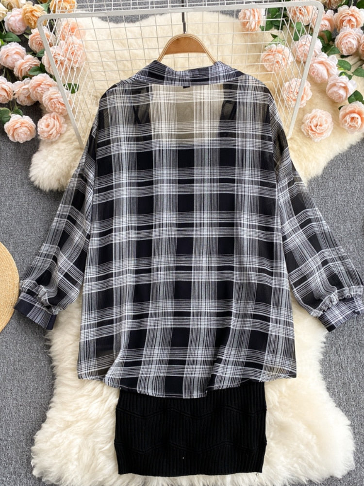 Summer Women Two Piece Set Plaid Long Sleeve Sunscreen Shirt+A-line Knitting Slip Dress