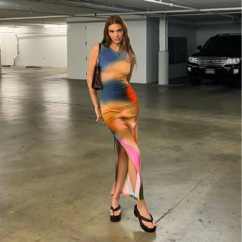 Tie Dye Print Ribbed Midi Dress Bodycon Side Slit Y2K