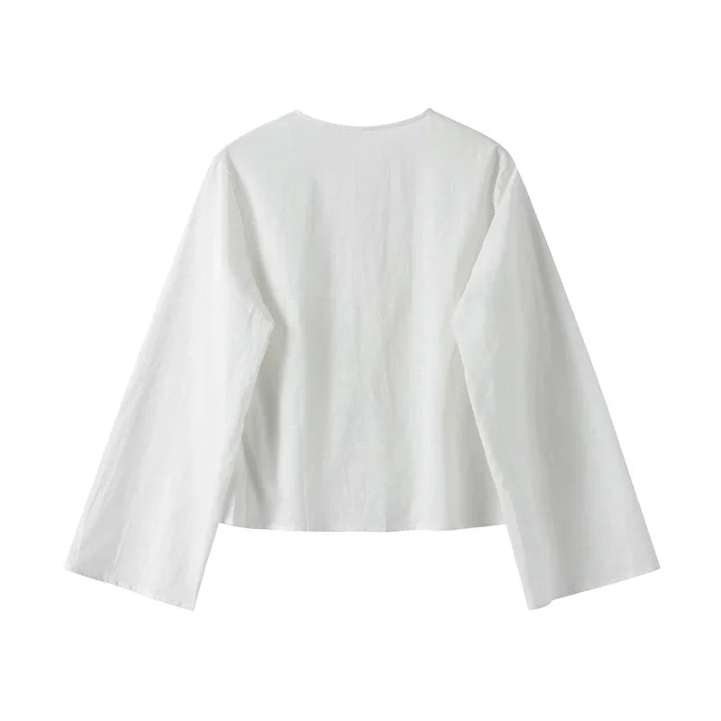 Cotton Linen Lace Up Bow Shirts Women Loose Hollow Out V Neck Long Sleeve Tops