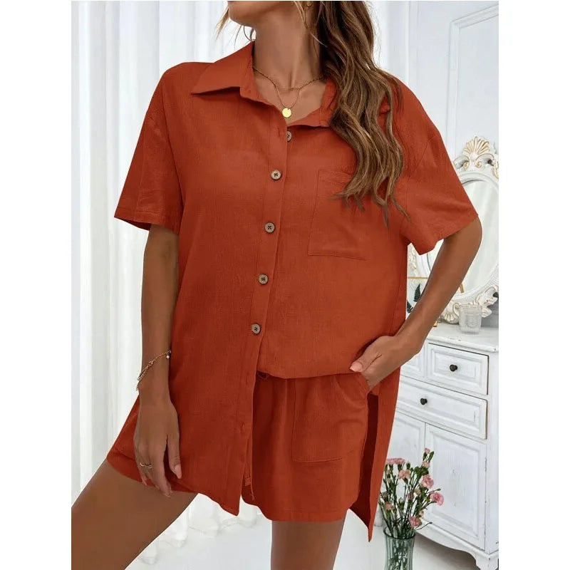 Solid Color Casual Loose Short Pants Sets For Women
