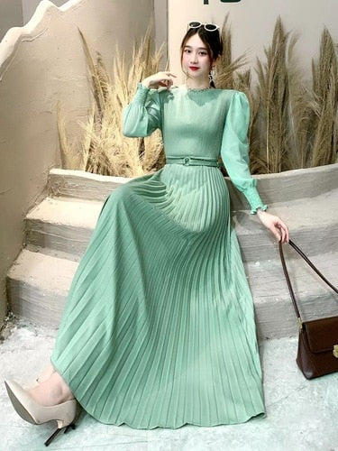 O-neck Long Sleeve A-line Dress Office Lady Pleated Maxi Dress