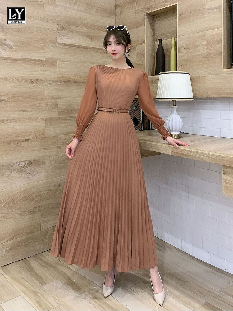O-neck Long Sleeve A-line Dress Office Lady Pleated Maxi Dress