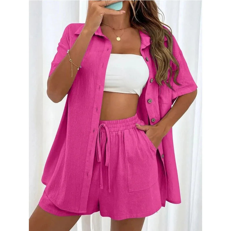 Solid Color Casual Loose Short Pants Sets For Women
