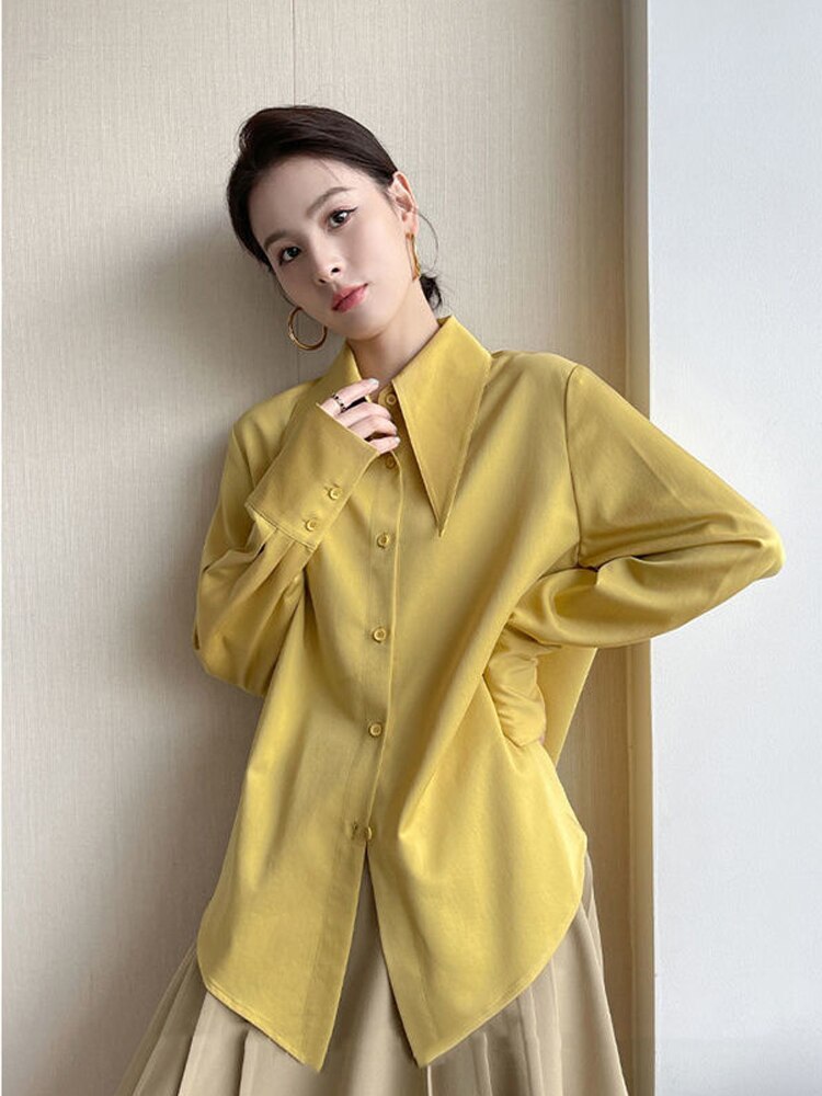 Big Pointed Collar White Blouses For Women Vintage Loose Long Sleeve Shirt