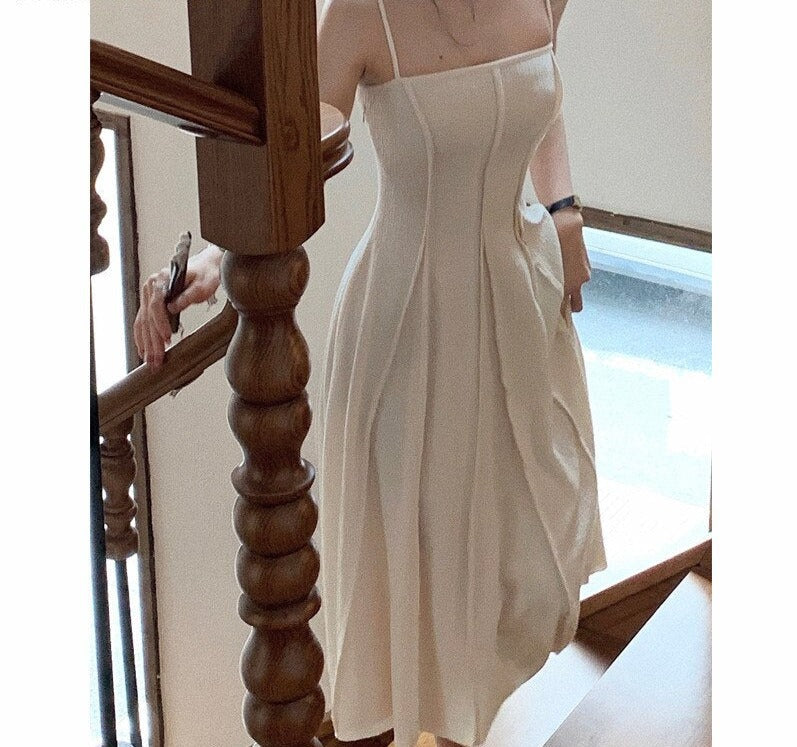 Vintage Spaghetti Strap A-line Dress Summer Slim Waist Sleeveless Mid-Length vestidos