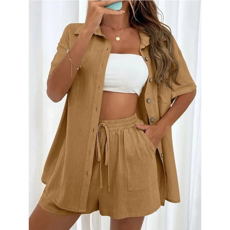 Solid Color Casual Loose Short Pants Sets For Women