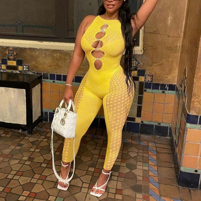 Mesh Women Sleeveless Jumpsuit Skinny Sexy Streetwear Sportswear Long pant Rompers 2022 Summer