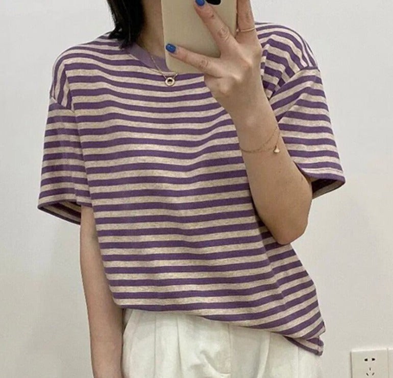 Casual O-neck Women Striped T-shirts Spring Summer Short Sleeve Loose Female Tops