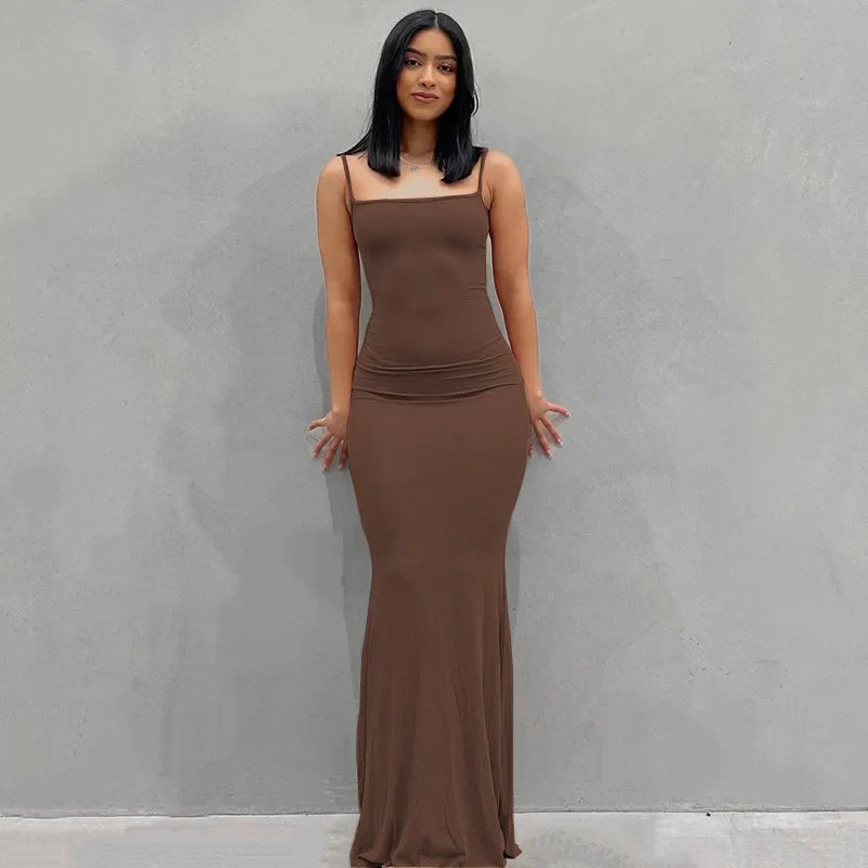 Spaghetti Strap Black Long Sleeveless Skinny Bodycon Dress Y2k