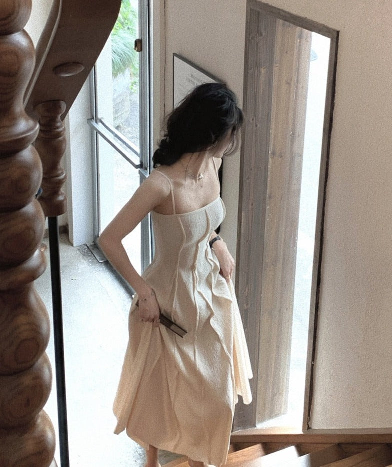 Vintage Spaghetti Strap A-line Dress Summer Slim Waist Sleeveless Mid-Length vestidos