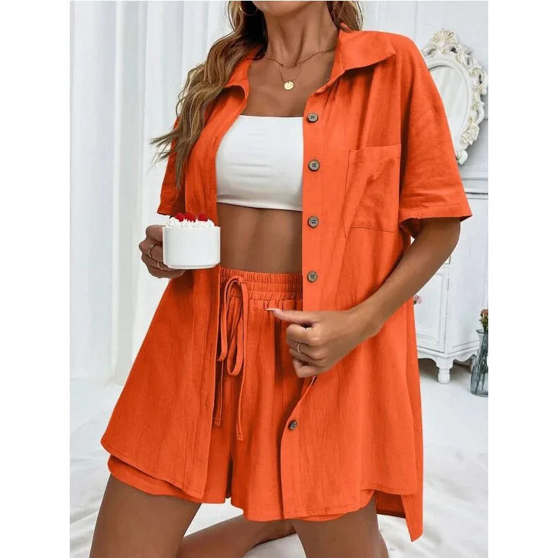 Solid Color Casual Loose Short Pants Sets For Women