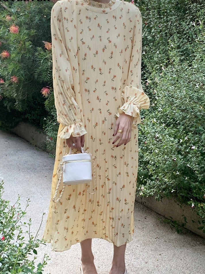 Spring Summer Flare Sleeve Loose Female Pleated Dress vestidos
