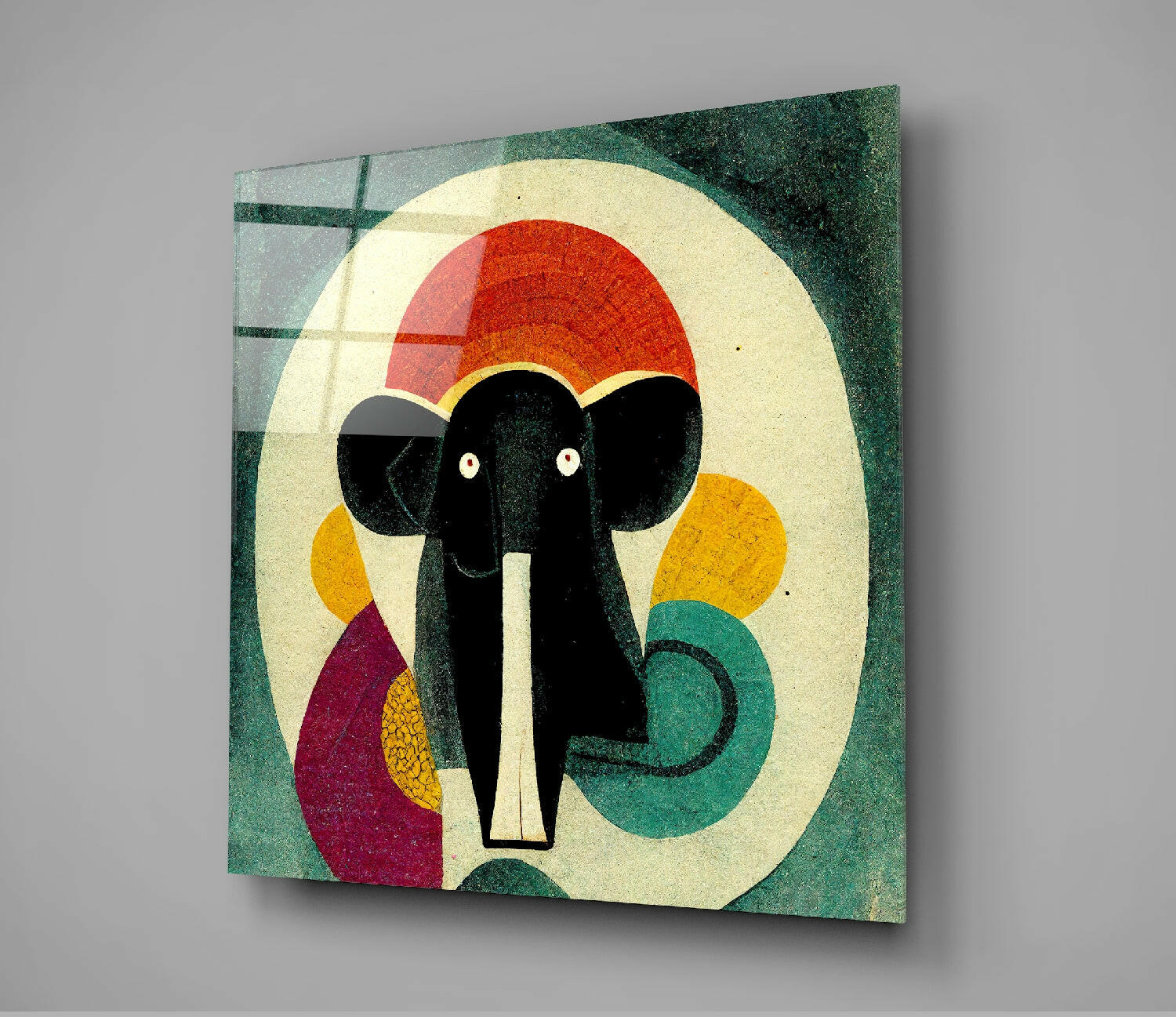 Geometric Elephant With Red Sunburst Glass Wall Art