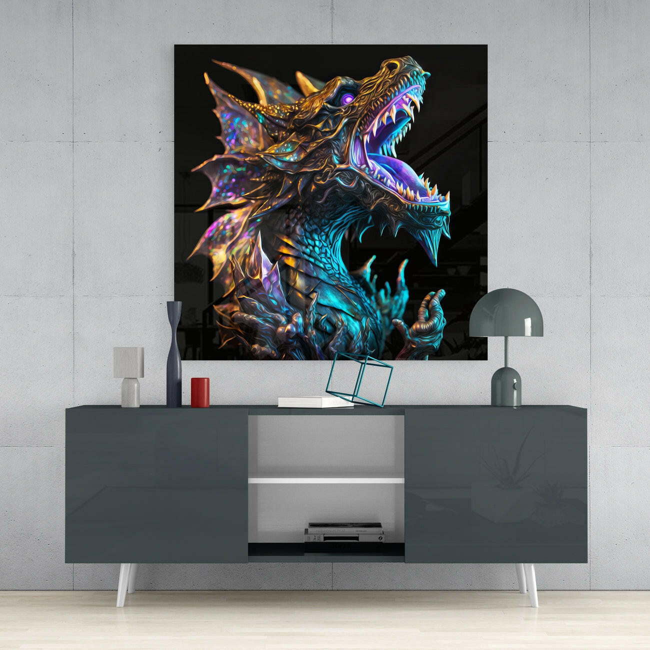 Iridescent Teal Roaring Dragon on Black Glass Wall Art
