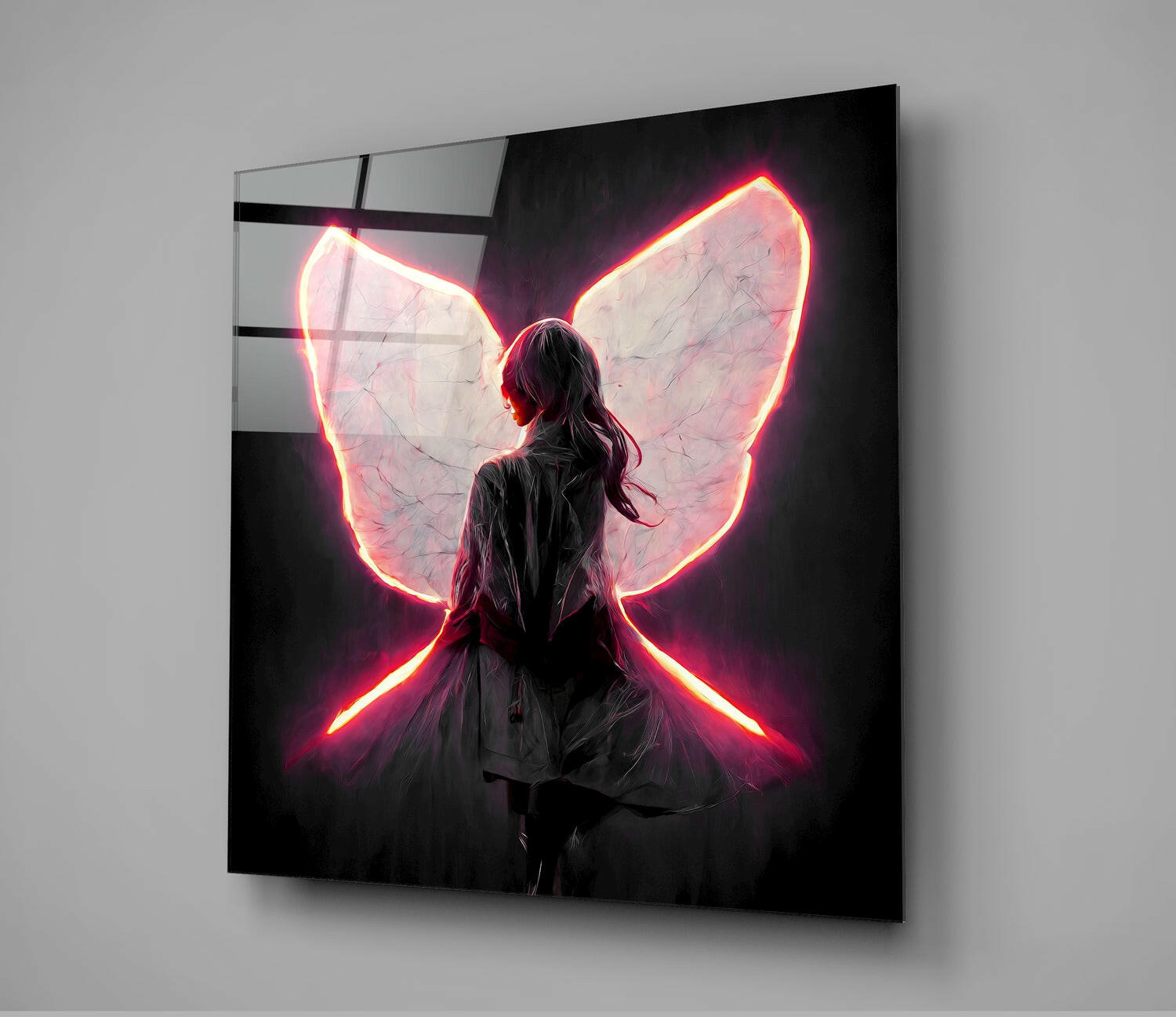 Glowing Red Neon Wings Girl Glass Wall Art