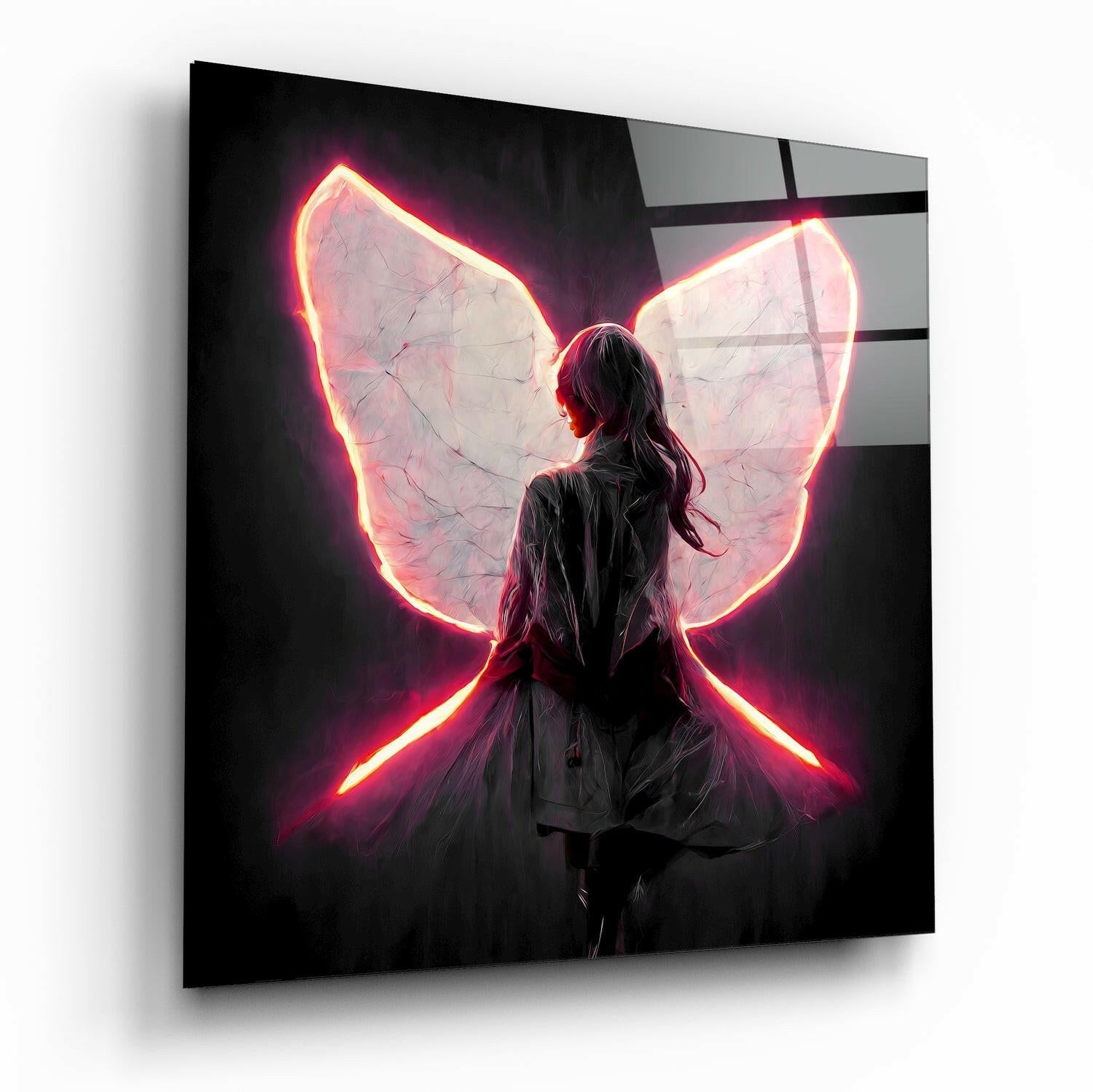 Glowing Red Neon Wings Girl Glass Wall Art