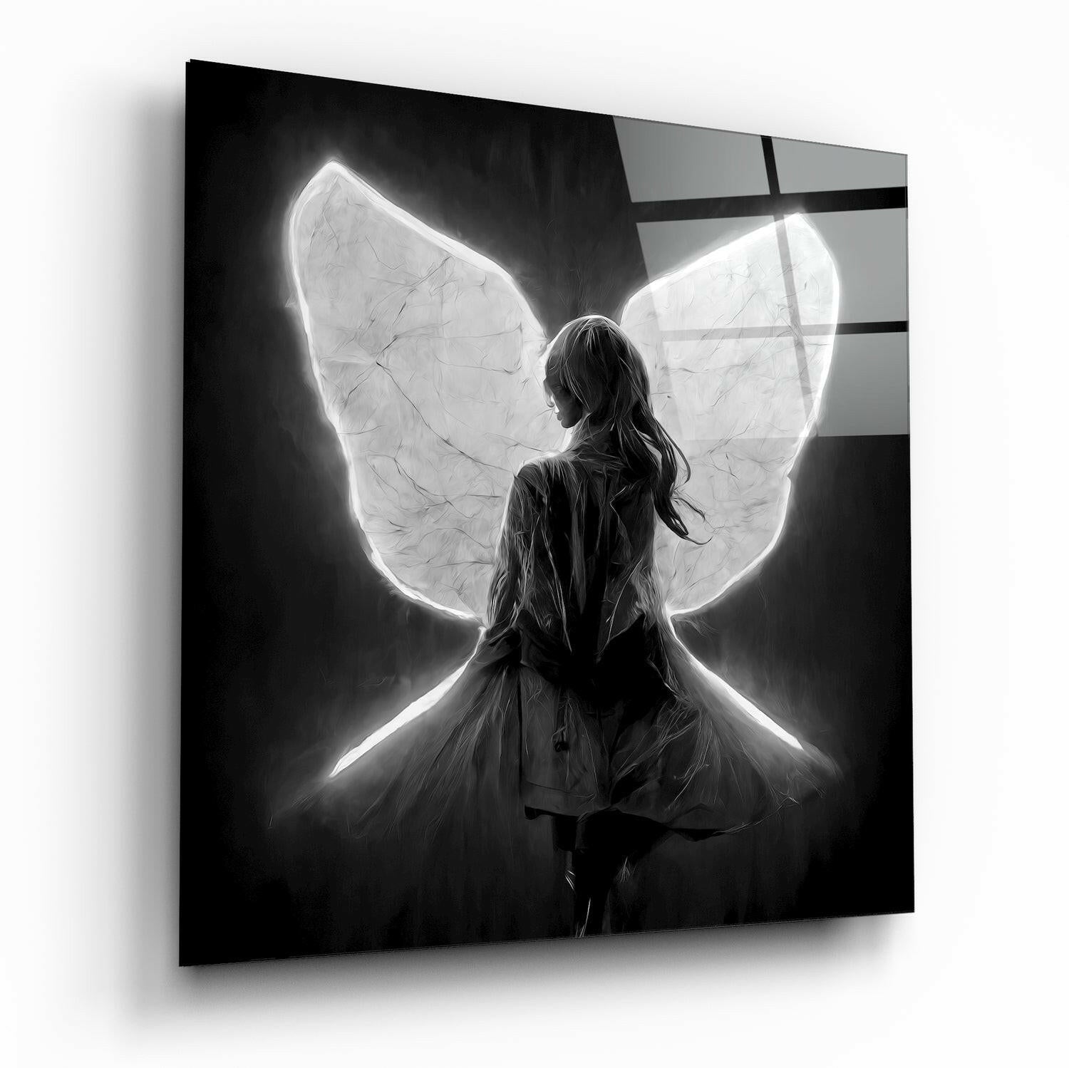 Glowing White Neon Wings Girl Glass Wall Art
