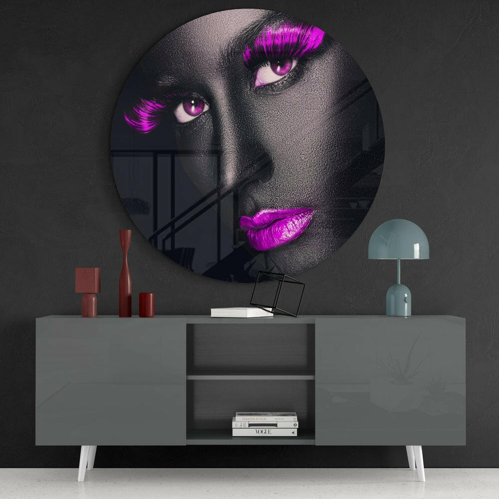 Purple Lashes and Lips Gray Face Glass Wall Art
