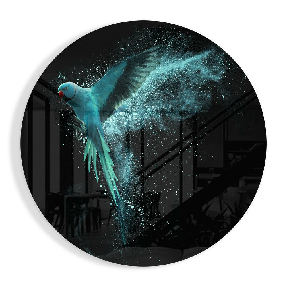Turquoise Parrot Splash Flight Glass Wall Art
