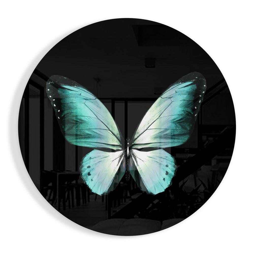 Turquoise Butterfly on Black Glass Wall Art