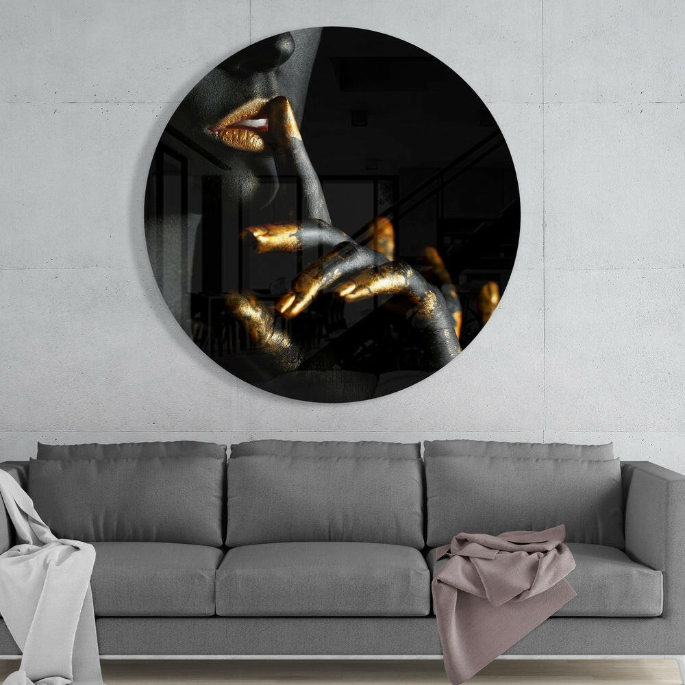 Round Gold Lips and Fingers Hush Glass Wall Art