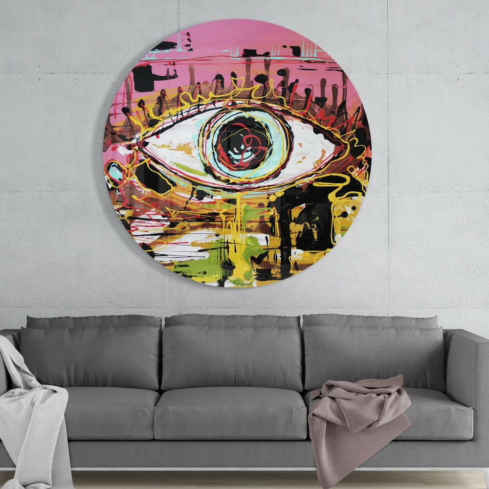 Round Pink Graffiti Scribble Eye Glass Wall Art