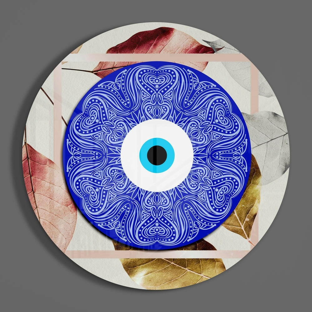 Ornate Blue Eye Disc on Autumn Leaves Glass Wall Art