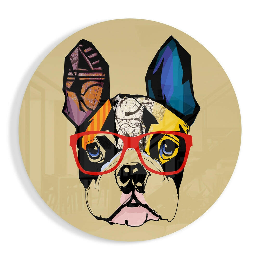 Pop Art Bulldog Red Glasses Glass Wall Art