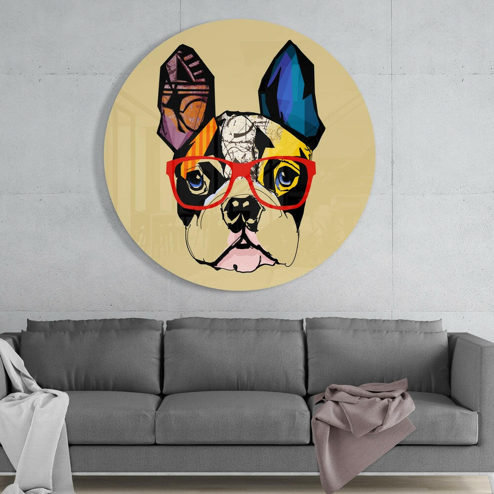 Pop Art Bulldog Red Glasses Glass Wall Art