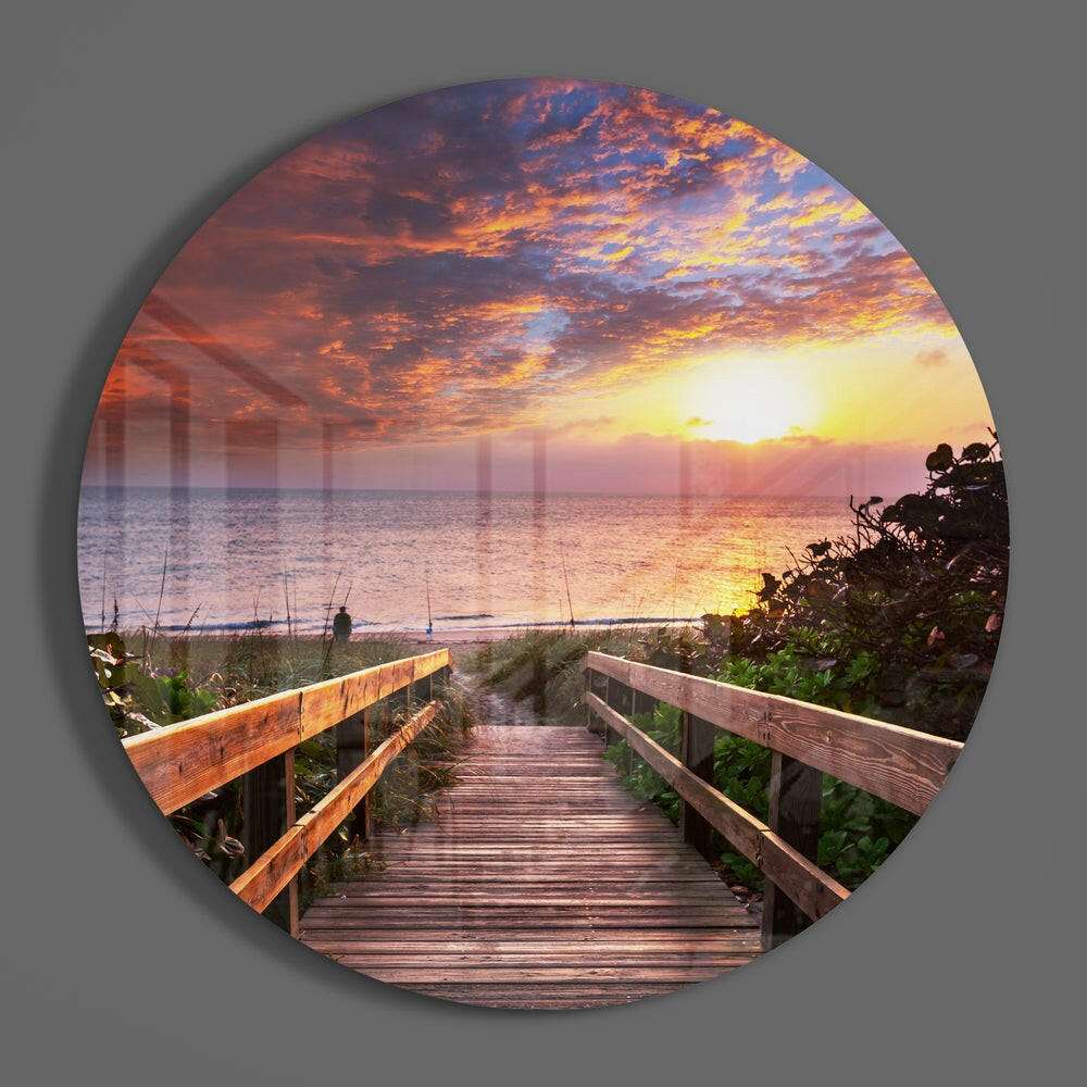 Boardwalk Beach Sunset Round Glass Wall Art