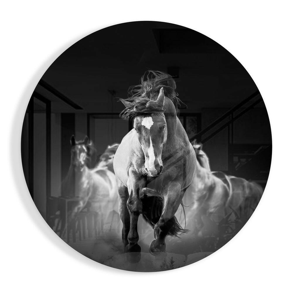 Round Black and White Charging Horse Glass Wall Art