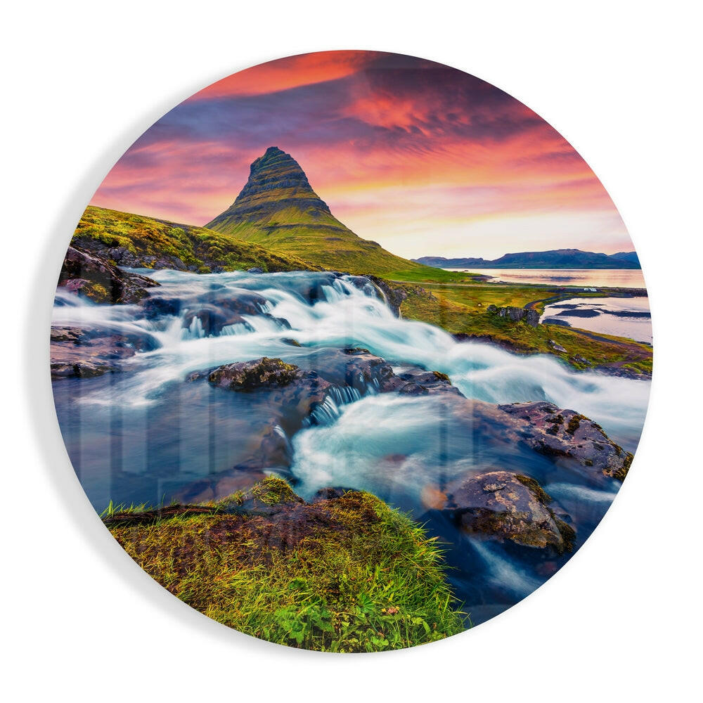 Cone Peak Waterfall Crimson Sky Glass Wall Art