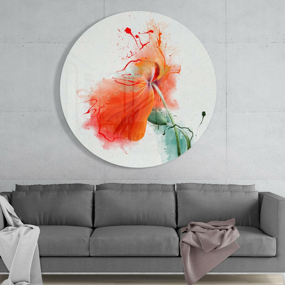 Round Orange Poppy Paint Splash Glass Wall Art