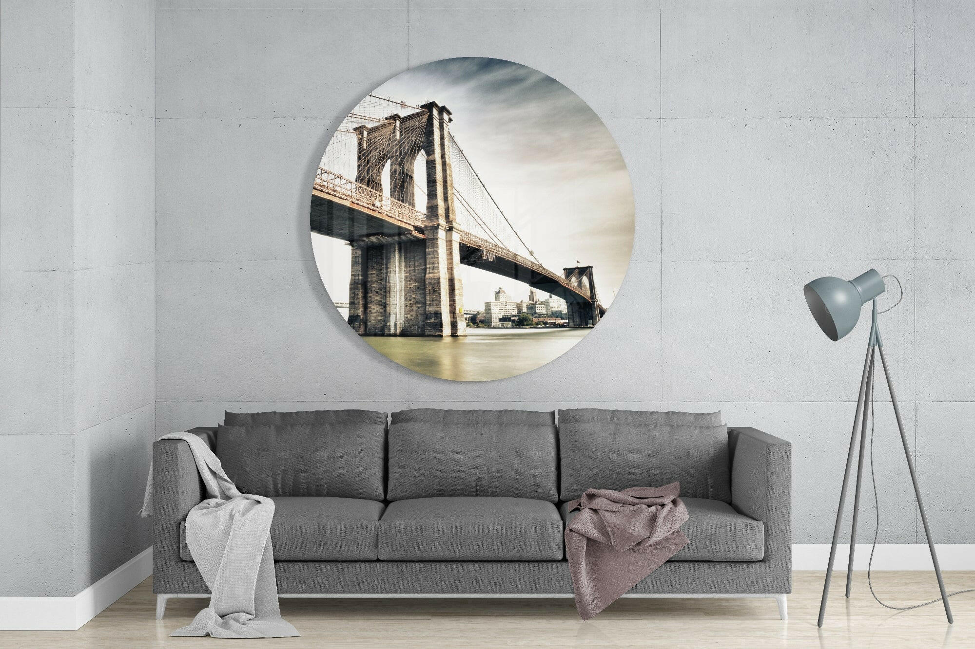 Sepia Brooklyn Bridge Circle Glass Wall Art