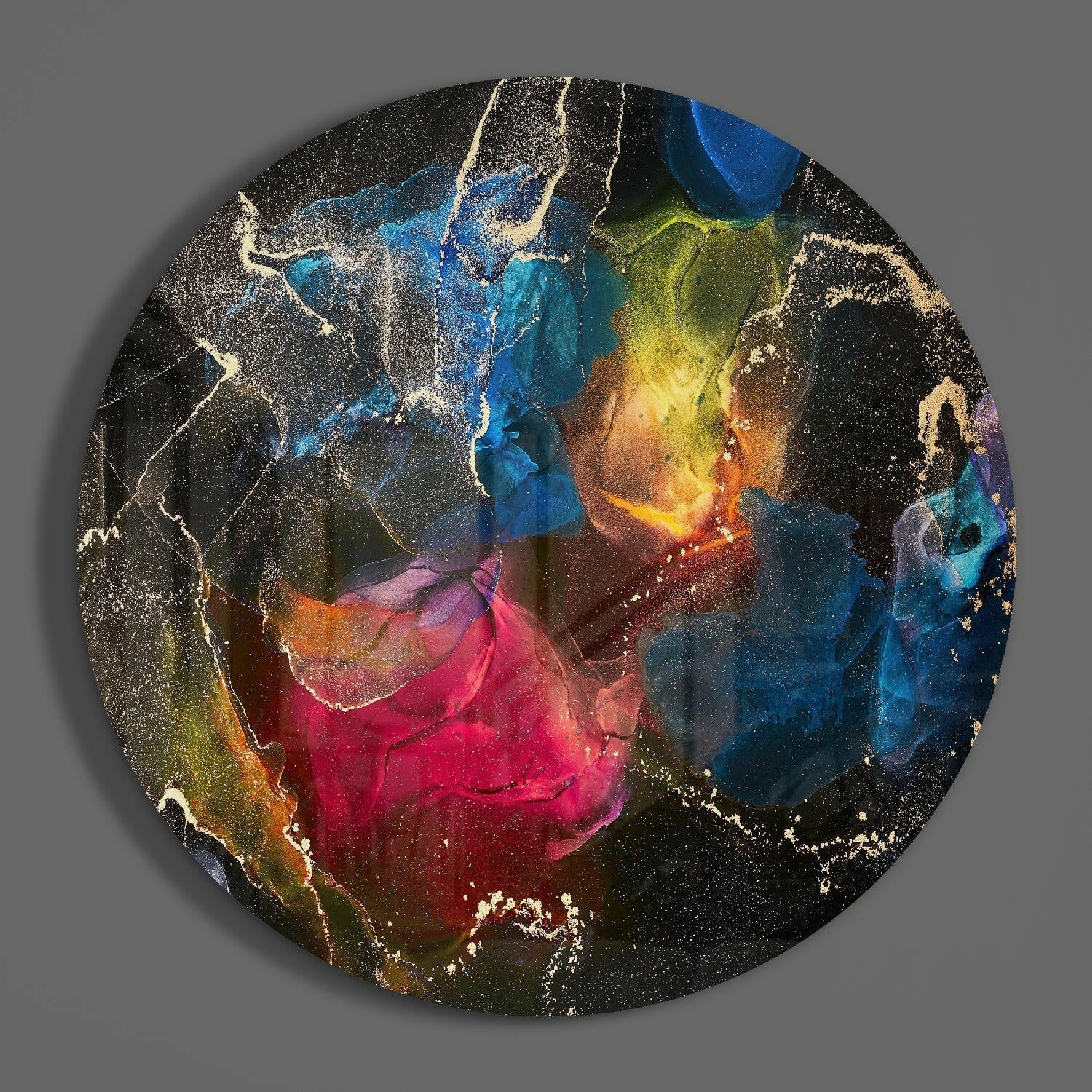 Jewel Ink Bloom Black Round Glass Wall Art