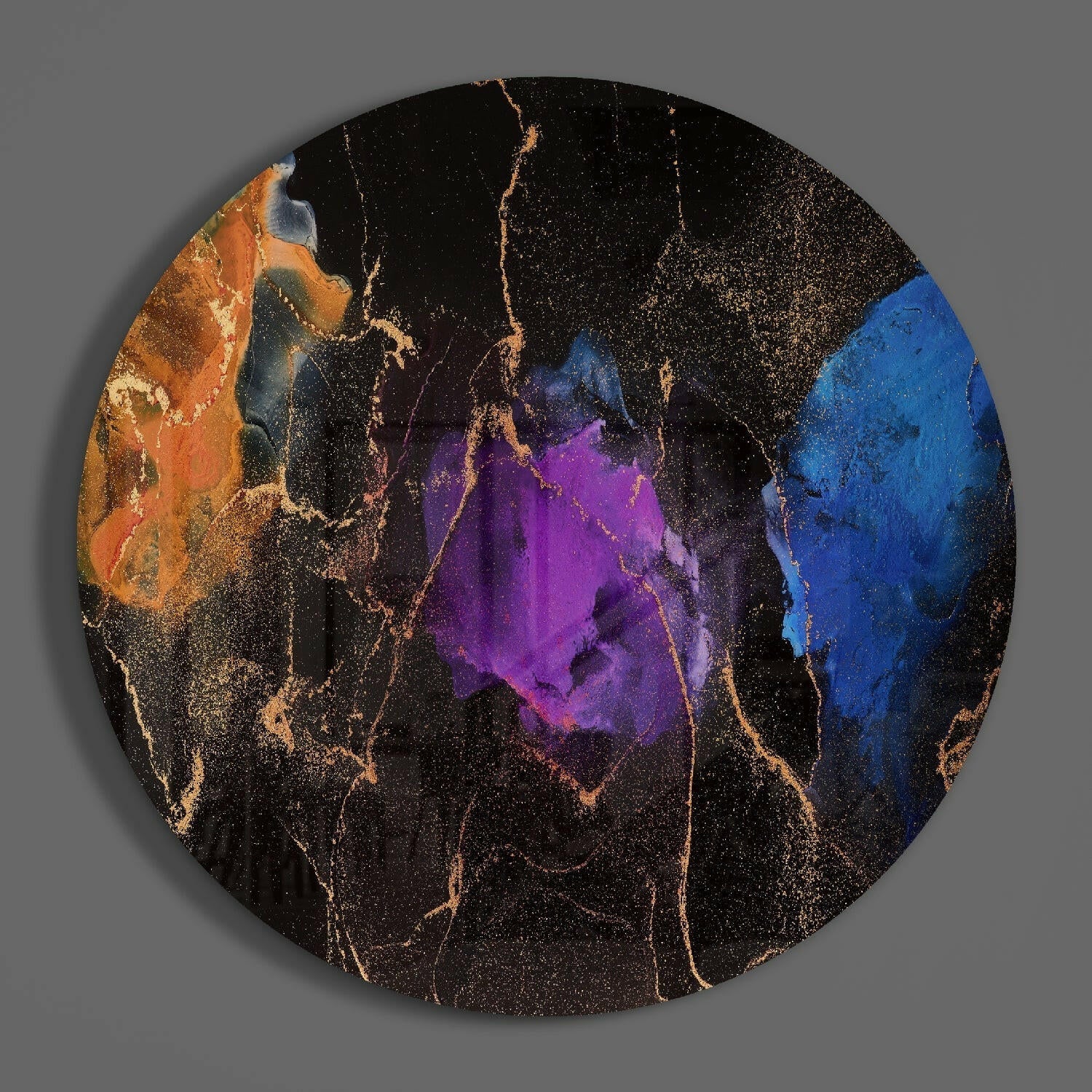 Purple Blue Gold Ink Round Glass Wall Art