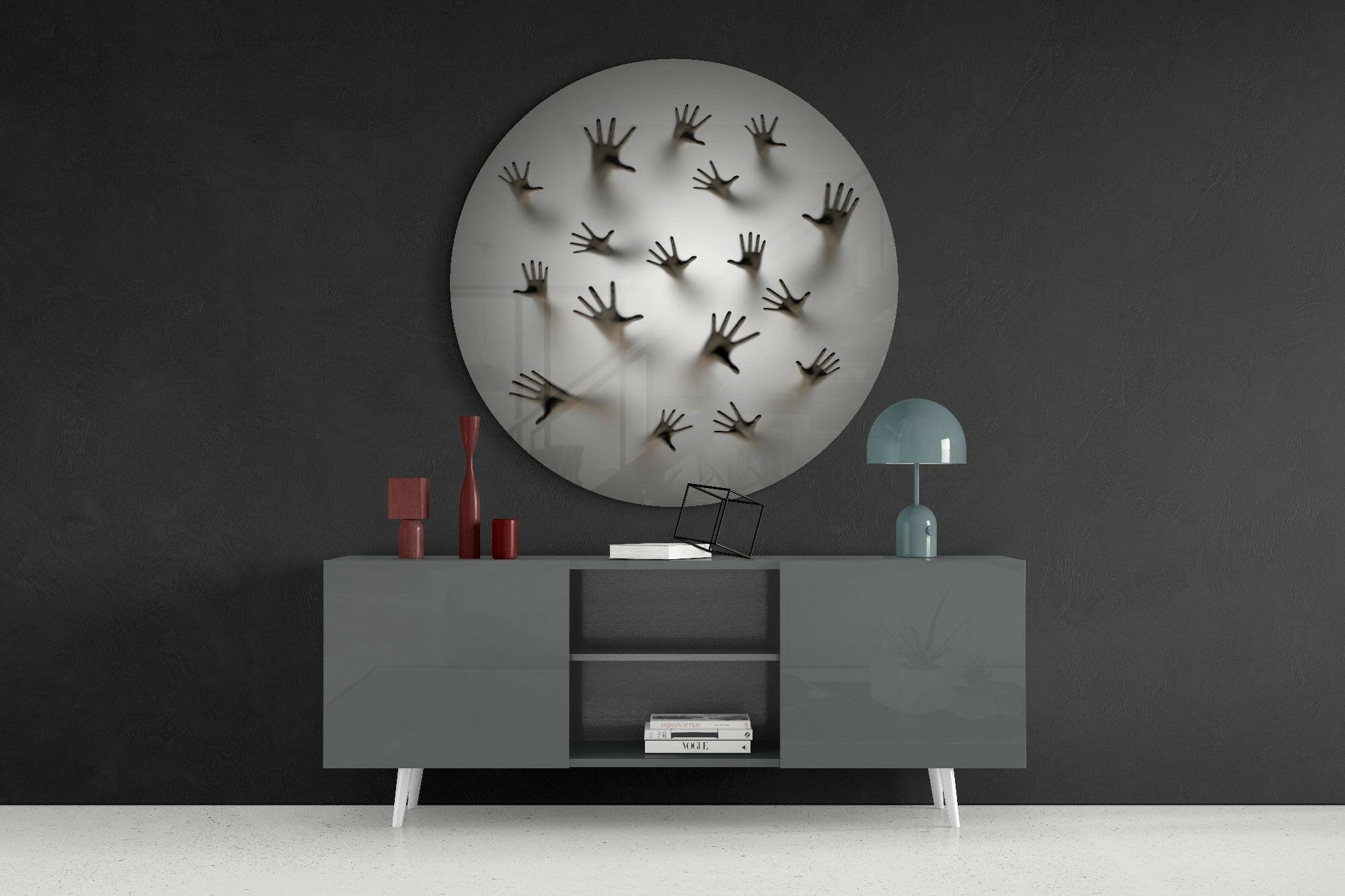 Round Ghost Hands Behind Screen Glass Wall Art