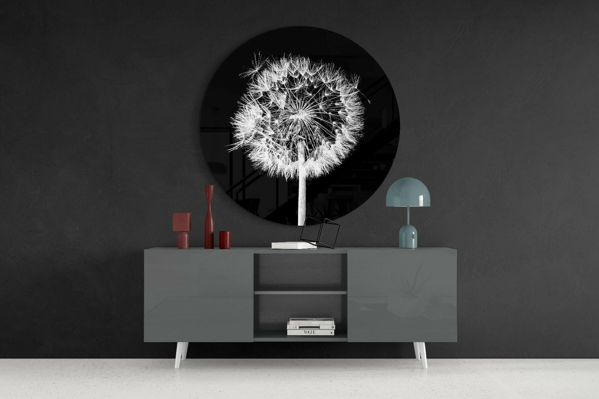 Backlit Dandelion Round Black Glass Wall Art