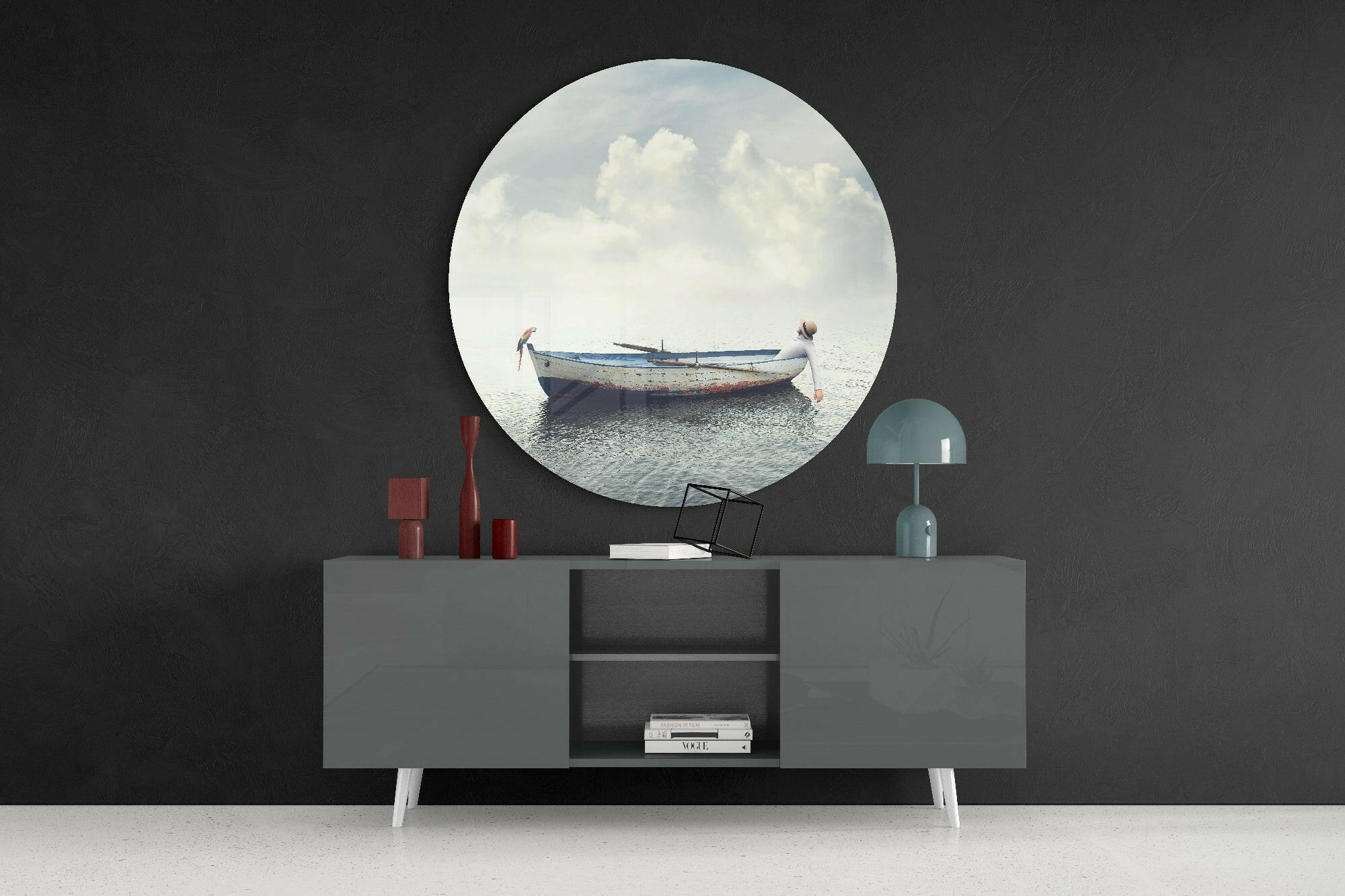 Circular Dreamy Sea Boat Scene Glass Wall Art