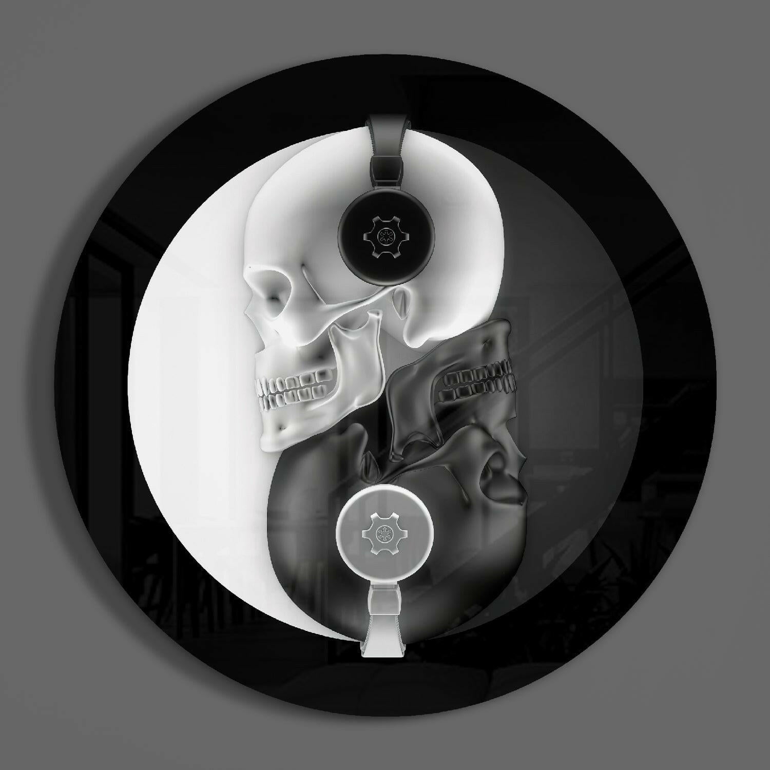 Round Monochrome Skull Headphones Glass Wall Art