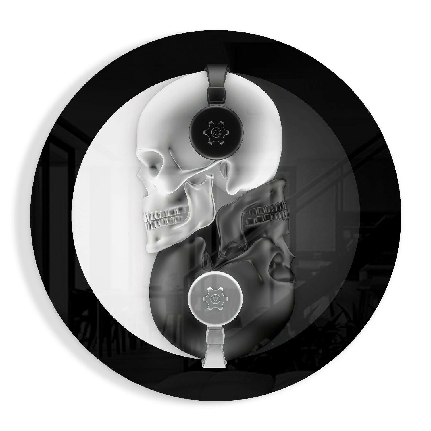 Round Monochrome Skull Headphones Glass Wall Art