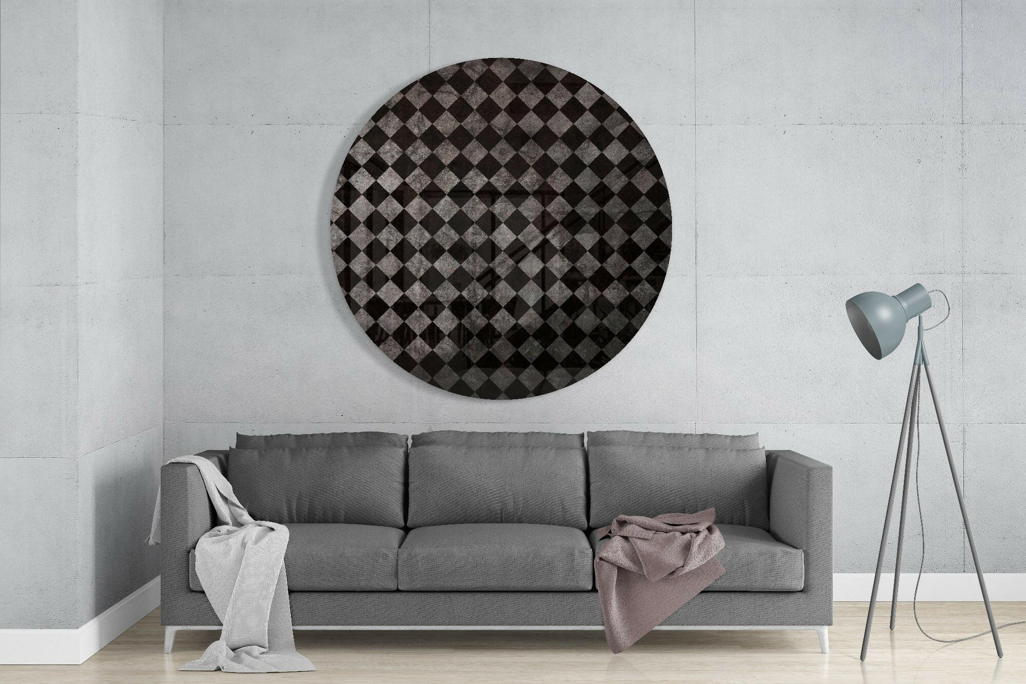 Charcoal Gray Distressed Checker Glass Wall Art