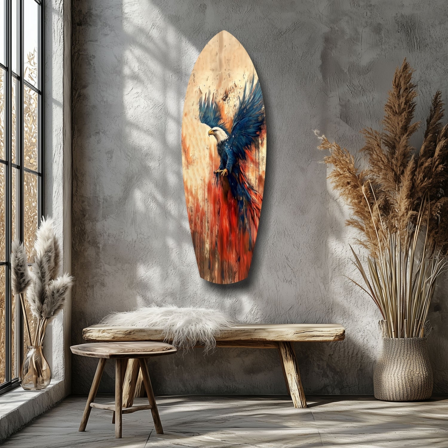 Surfboard Blue Wings Spread American Eagle Glass Wall Art