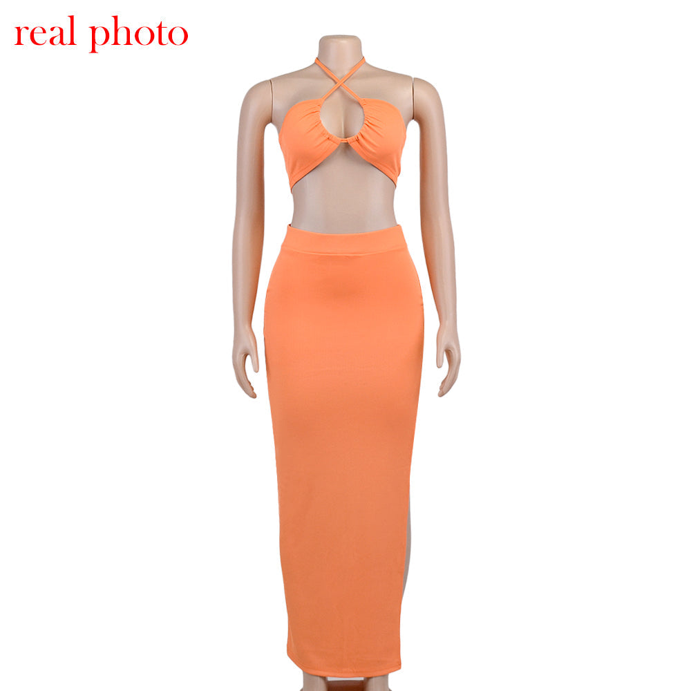 Cryptographic Bandage Cut Out Sexy Halter Neck Top and Skirts Set Gathered Elegant