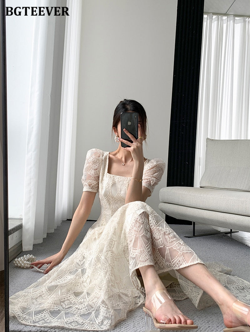 Vintage Square Collar Lace Dress Women Short Sleeve Slim Waist Embroidery Female